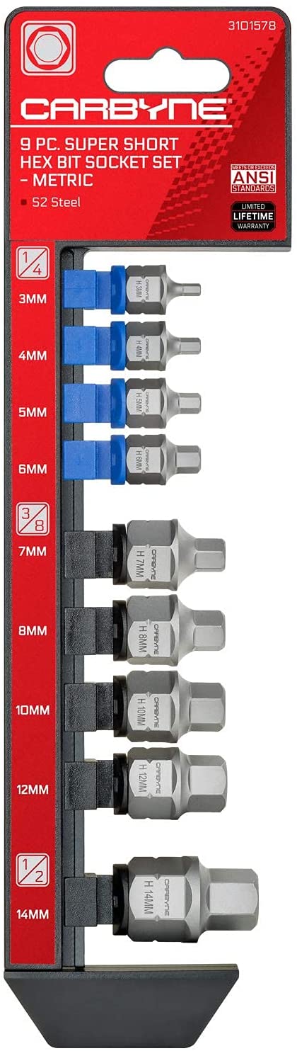 CARBYNE Super Short Hex Bit Socket Set - 9 Piece, Metric, 3mm to 14mm | S2 Steel - Carbyne Tools