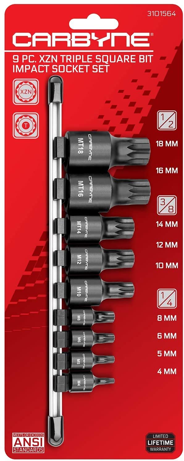 CARBYNE XZN Triple Square Bit Impact Socket Set - 9 Piece, 4mm to 18mm | Chrome Molybdenum Steel - Carbyne Tools