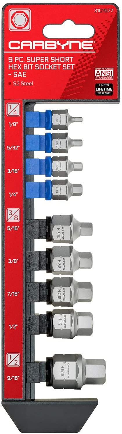 CARBYNE Super Short Hex Bit Socket Set - 9 Piece, SAE, 1/8" to 9/16" | S-2 Steel - Carbyne Tools