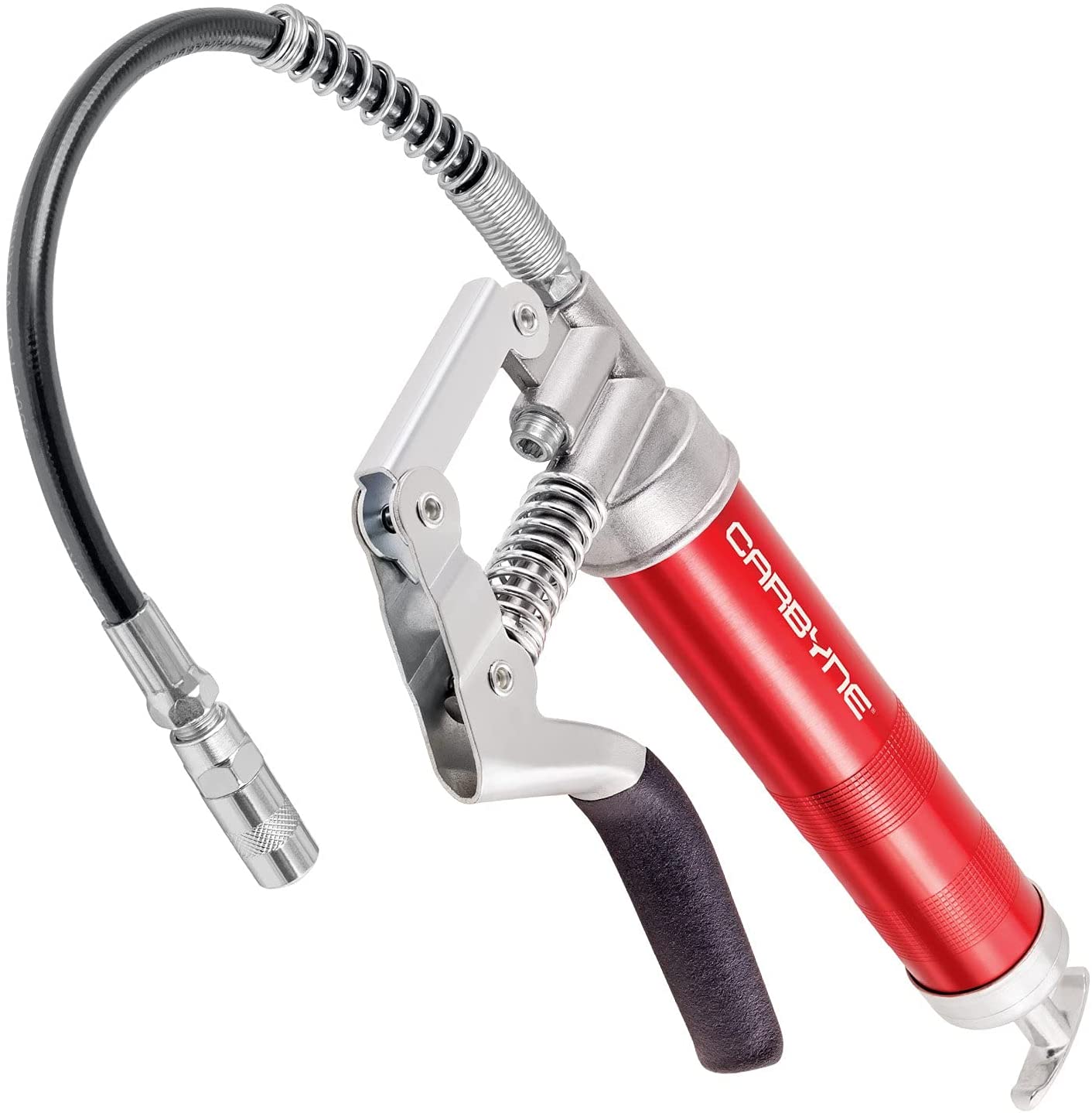 CARBYNE Mini Grease Gun - Pistol Grip, 3000 PSI, Anodized Aluminum Barrel, Heavy Duty Professional Quality. 12" Flex Hose and 4" Rigid Extension - Carbyne Tools