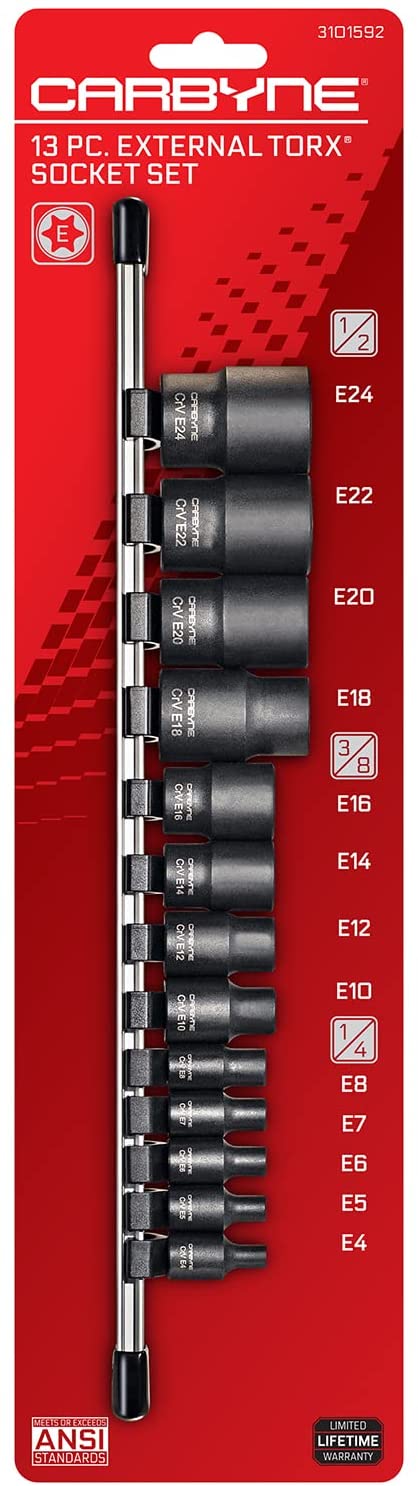 CARBYNE 13 Pc. External Torx Socket Set, E4 to E24 | Chrome Vanadium Steel, 1/4-inch, 3/8-inch & 1/2-inch Drive - Carbyne Tools