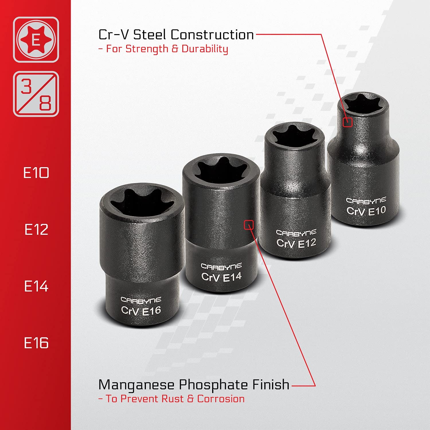 CARBYNE 13 Pc. External Torx Socket Set, E4 to E24 | Chrome Vanadium Steel, 1/4-inch, 3/8-inch & 1/2-inch Drive - Carbyne Tools