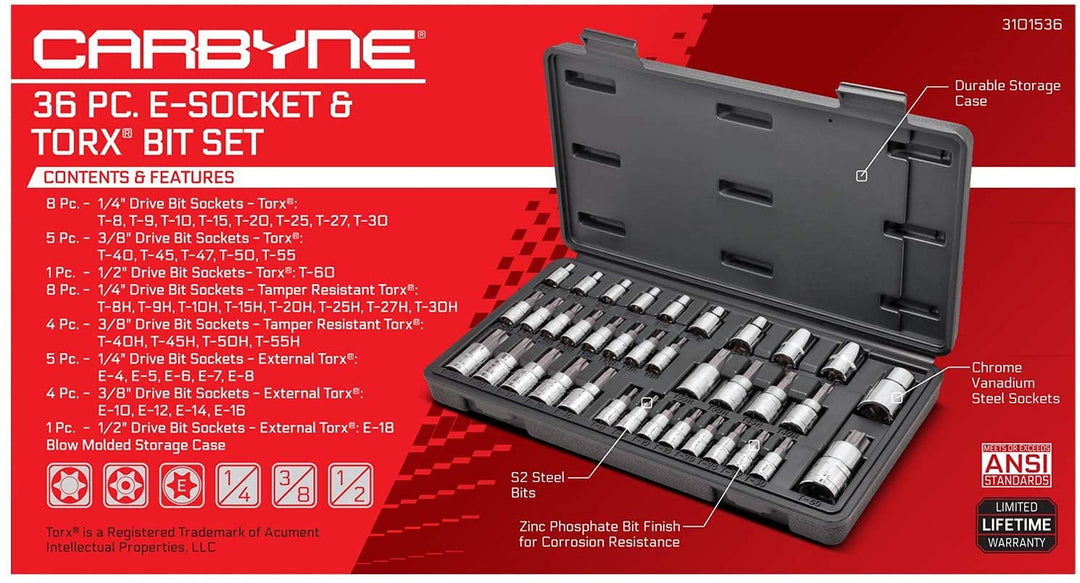 CARBYNE Torx Bit Socket & E-Socket Set - 36 Piece, S2 Steel Bits | 1/4", 3/8" & 1/2" Drive - Carbyne Tools