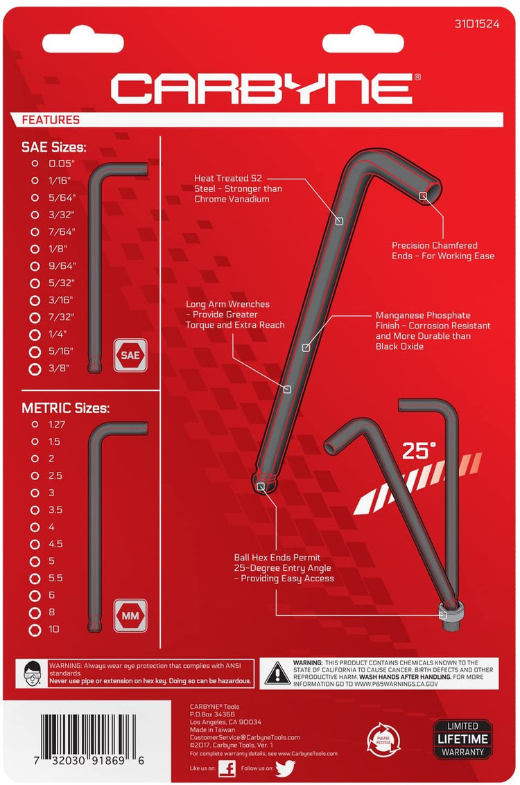 CARBYNE Long Arm Ball End Hex Key Wrench Set - 26 Piece, Inch/Metric, S2 Steel - Carbyne Tools