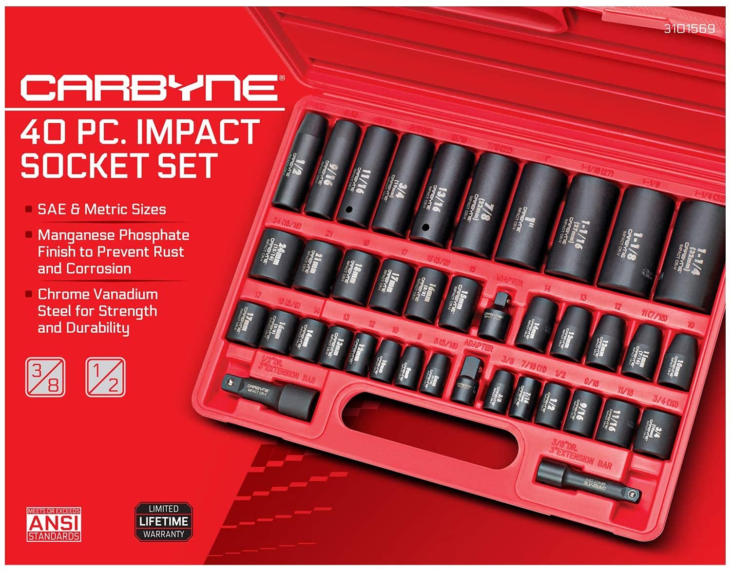 CARBYNE Impact Socket Set - 40 Piece, SAE & Metric, Standard and Deep Sockets, 3/8 inch & 1/2 inch Drive, Cr-V Steel - Carbyne Tools