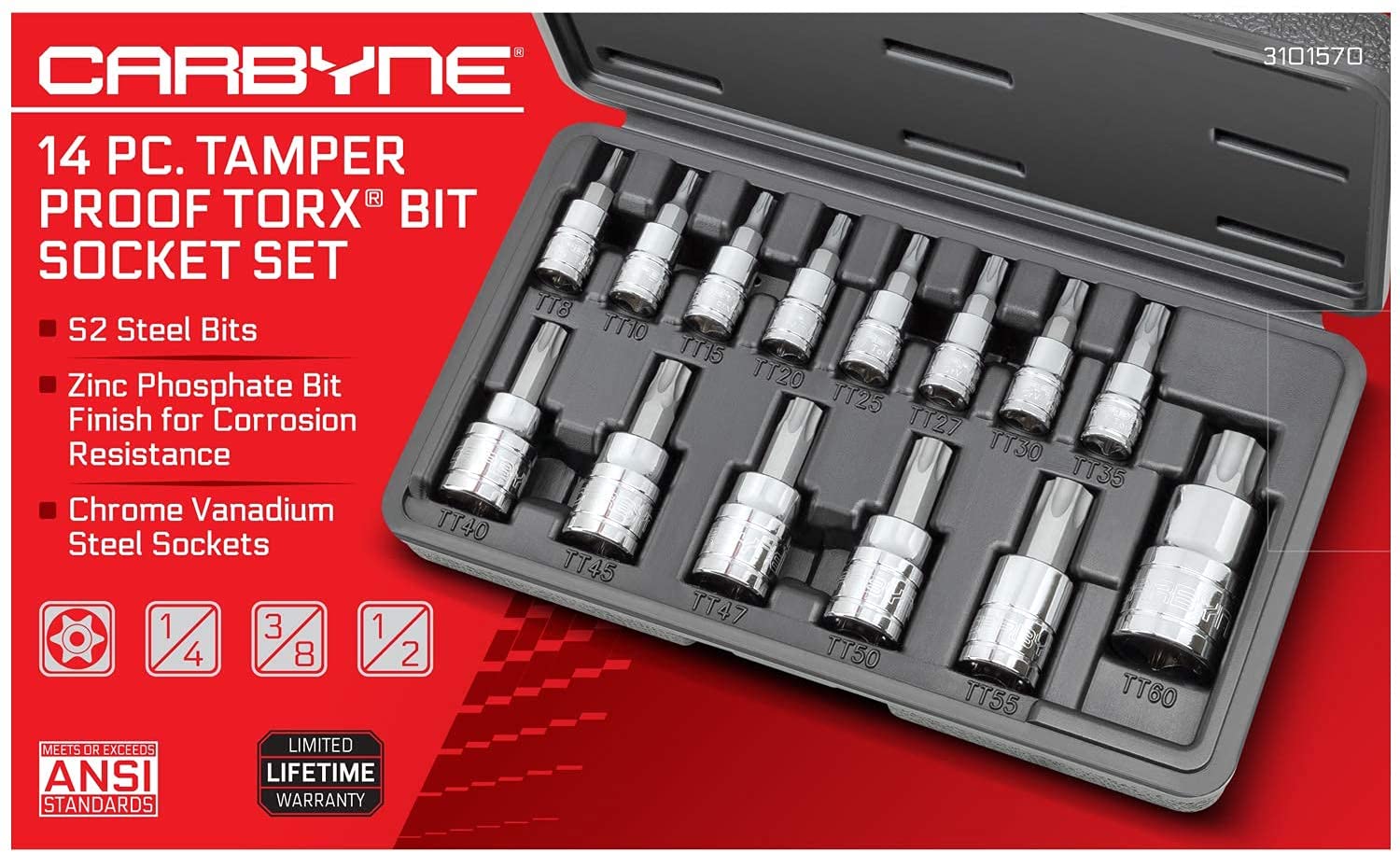 CARBYNE Tamper Proof Torx Bit Socket Set - 14 Piece, T-8 to T-60 Sizes, S2 Steel Bits, CRV Sockets | 1/4", 3/8" & 1/2" Drive - Carbyne Tools