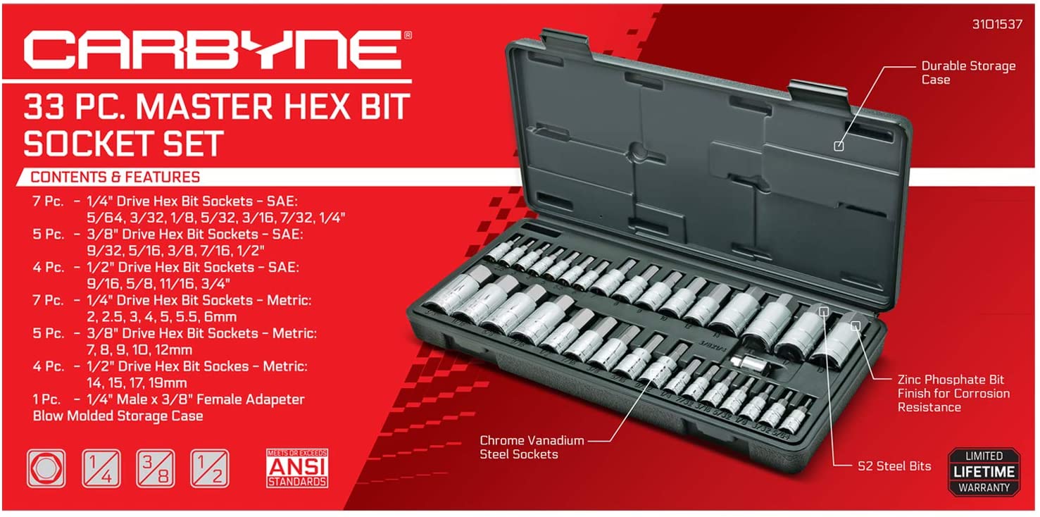 CARBYNE Master Hex Bit Socket Set - 33 Piece, SAE & Metric | S2 Steel Bits - Carbyne Tools