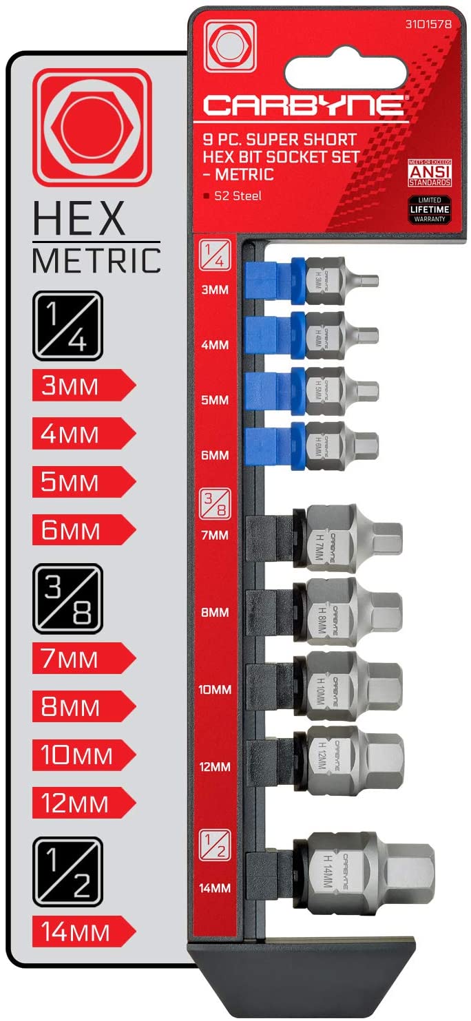 CARBYNE Super Short Hex Bit Socket Set - 9 Piece, Metric, 3mm to 14mm | S2 Steel - Carbyne Tools