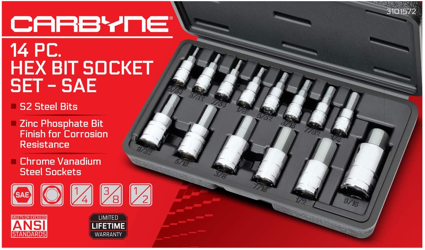 CARBYNE Hex Bit Socket Set - 14 Piece, SAE, S2 Steel | 1/4", 3/8" & 1/2" Drive - Carbyne Tools