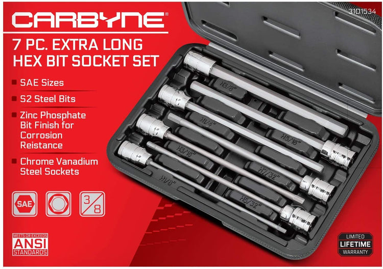 CARBYNE Extra Long Hex Bit Socket Set - 7 Piece, SAE, S2 Steel Bits | 3/8" Drive, 1/8 inch to 3/8 inch - Carbyne Tools