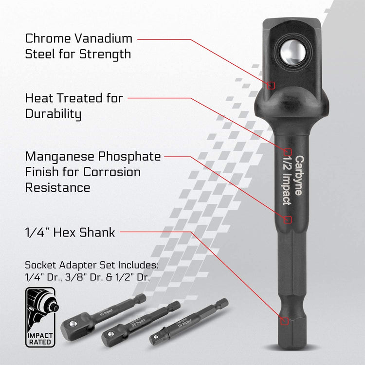 CARBYNE Socket Adapter Set - 3 Piece, 1/4", 3/8" & 1/2" Drive | Impact Rated | Cr-V Steel - Carbyne Tools