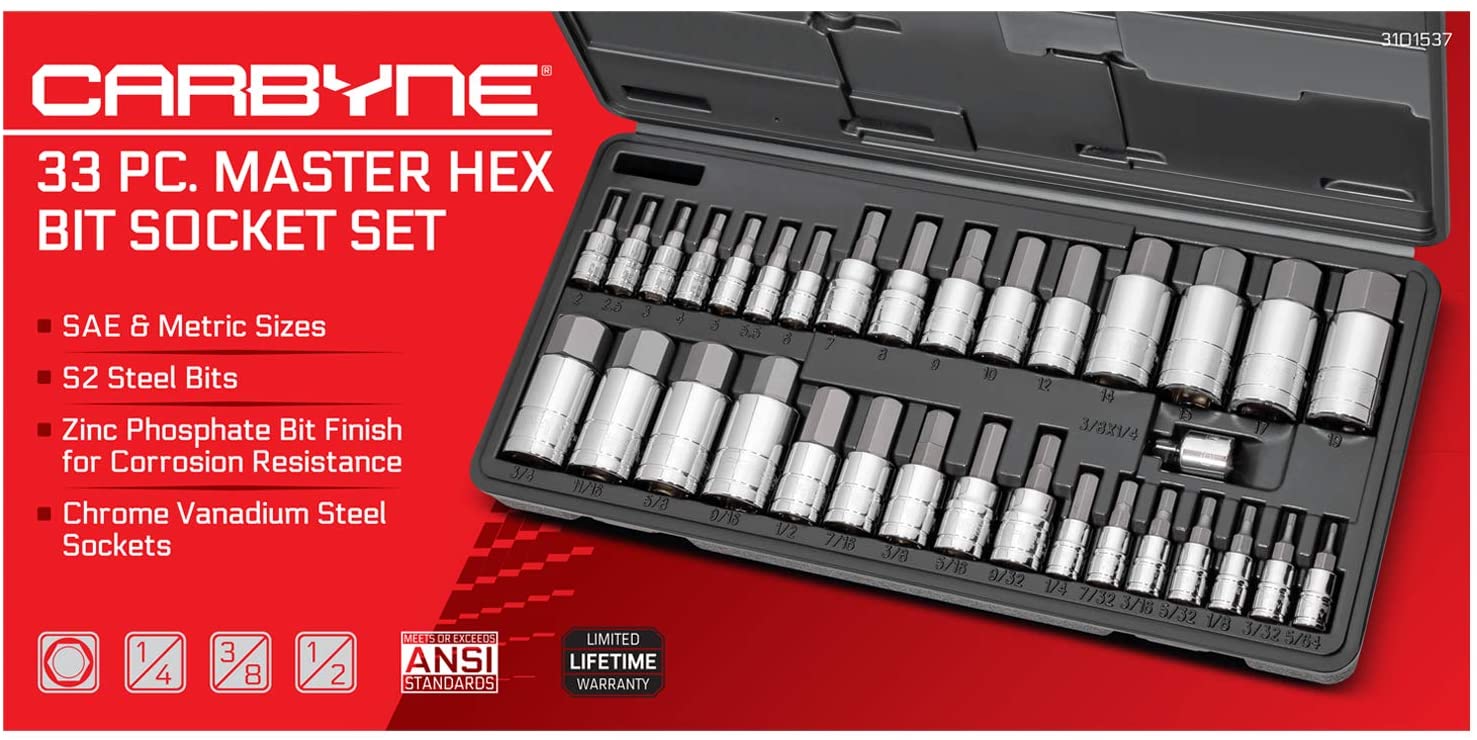 CARBYNE Master Hex Bit Socket Set - 33 Piece, SAE & Metric | S2 Steel Bits - Carbyne Tools