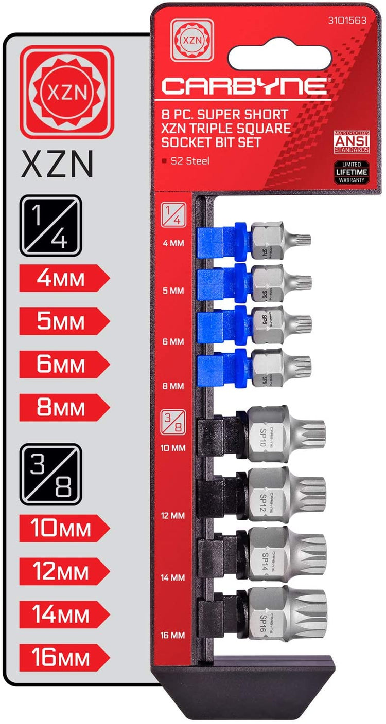 CARBYNE Super Short XZN Triple Square Socket Bit Set - 8 Piece, 4mm to 16mm | S2 Steel - Carbyne Tools