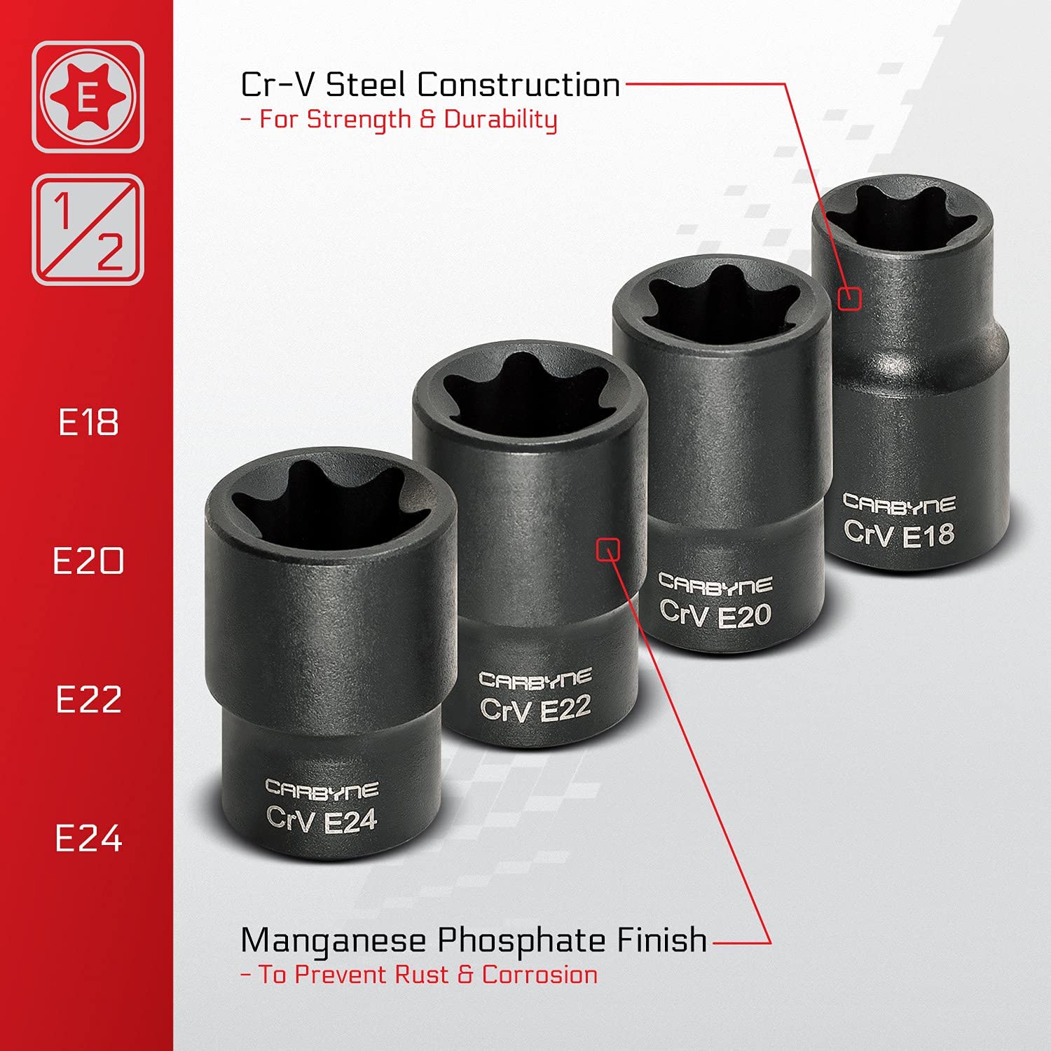 CARBYNE 13 Pc. External Torx Socket Set, E4 to E24 | Chrome Vanadium Steel, 1/4-inch, 3/8-inch & 1/2-inch Drive - Carbyne Tools