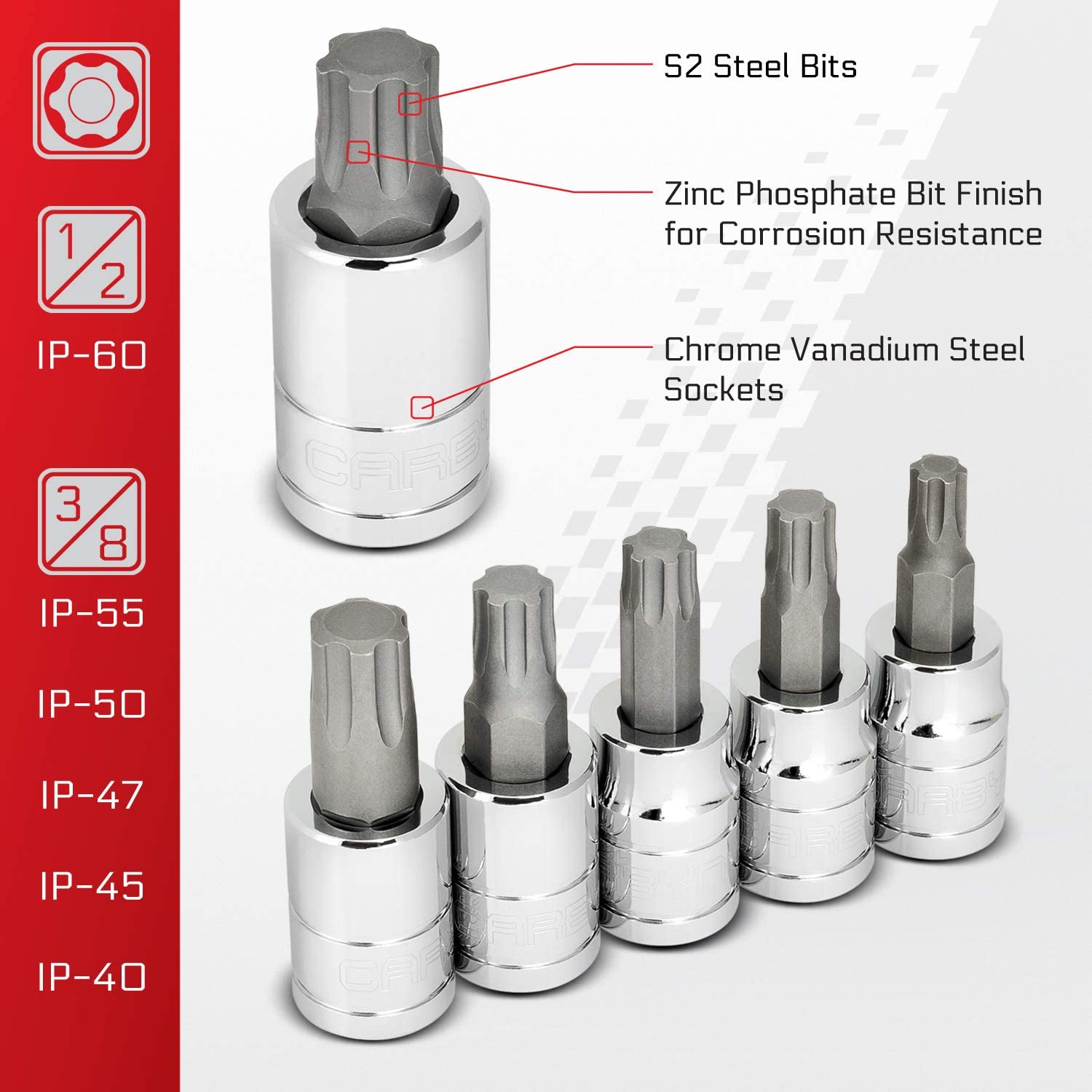 CARBYNE Torx Plus (aka 6 Lobe) Bit Socket Set - 13 Piece, IP-8 to IP-60, S2 Steel Bits, CRV Sockets | 1/4", 3/8" & 1/2" Drive - Carbyne Tools