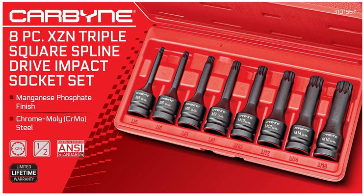 CARBYNE XZN Triple Square Spline Drive Impact Socket Set - 8 Piece, Chrome Molybdenum (Cr-Mo) Steel | Metric M5 to M16 | 1/2 inch Drive - Carbyne Tools