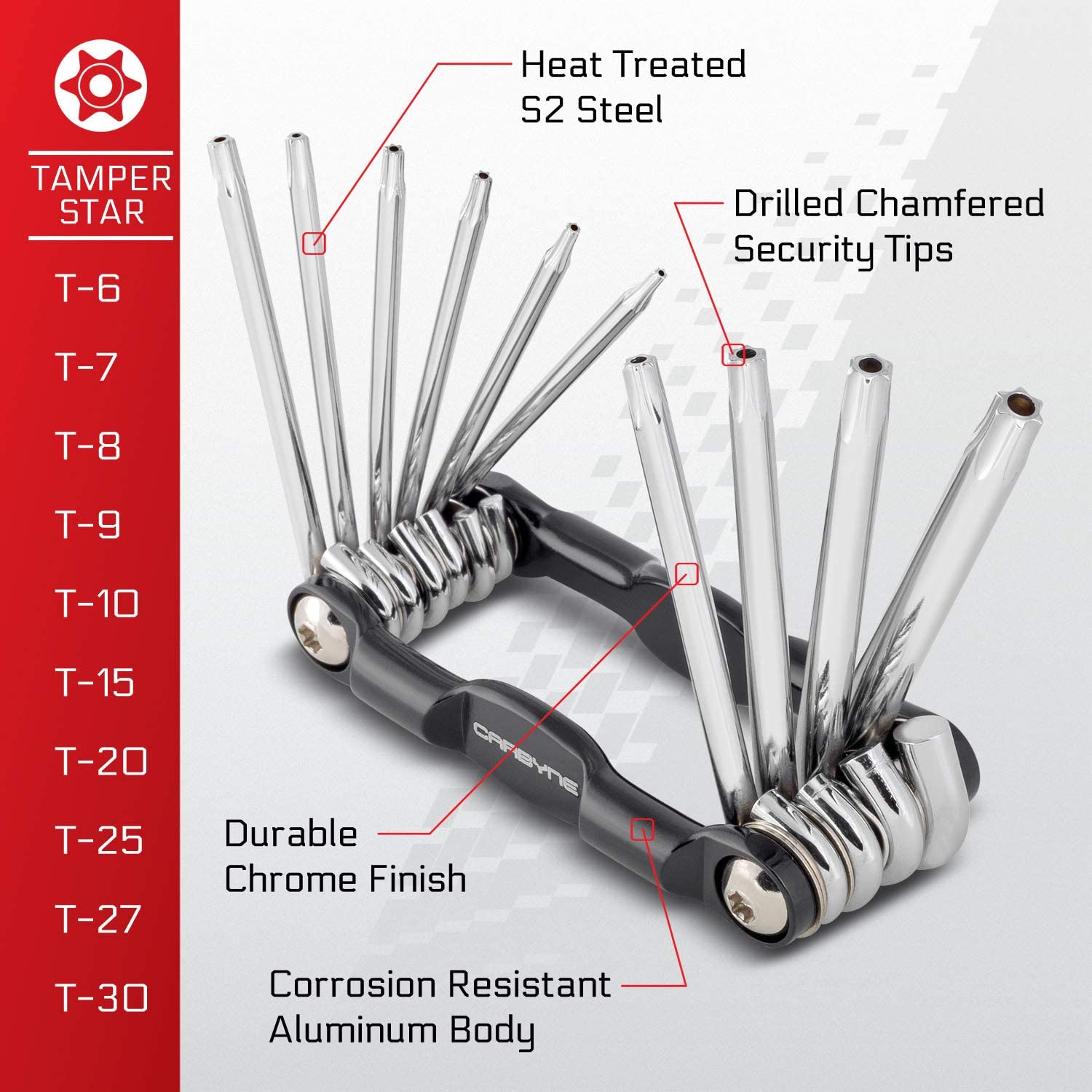 CARBYNE Tamper Star Wrench Set - 10 Piece, Folding,  T-6 to T-30 | S2 Steel - Carbyne Tools