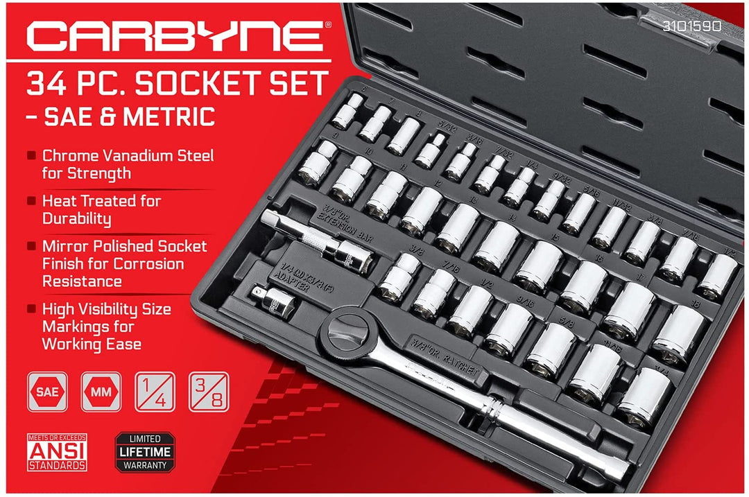 CARBYNE 34 Piece Socket Set | SAE & Metric, Chrome Vanadium Steel, 6 & 12 Point - Carbyne Tools