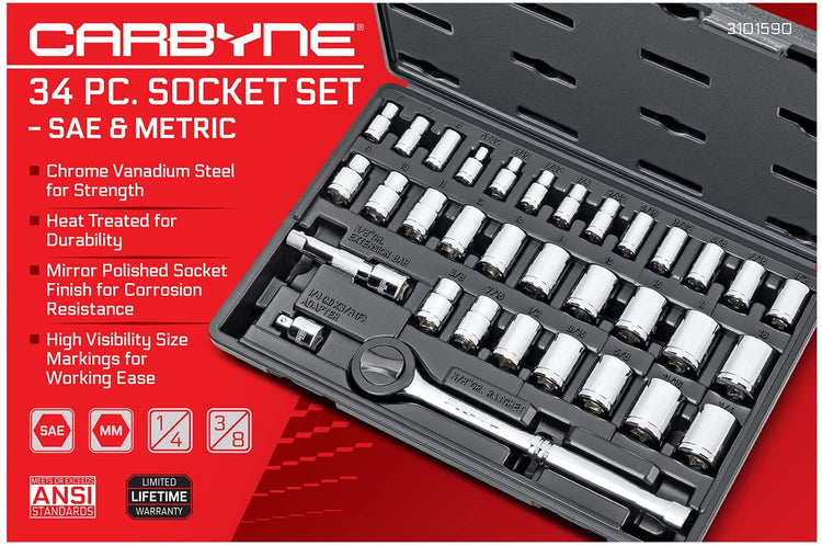 CARBYNE 34 Piece Socket Set | SAE & Metric, Chrome Vanadium Steel, 6 & 12 Point - Carbyne Tools