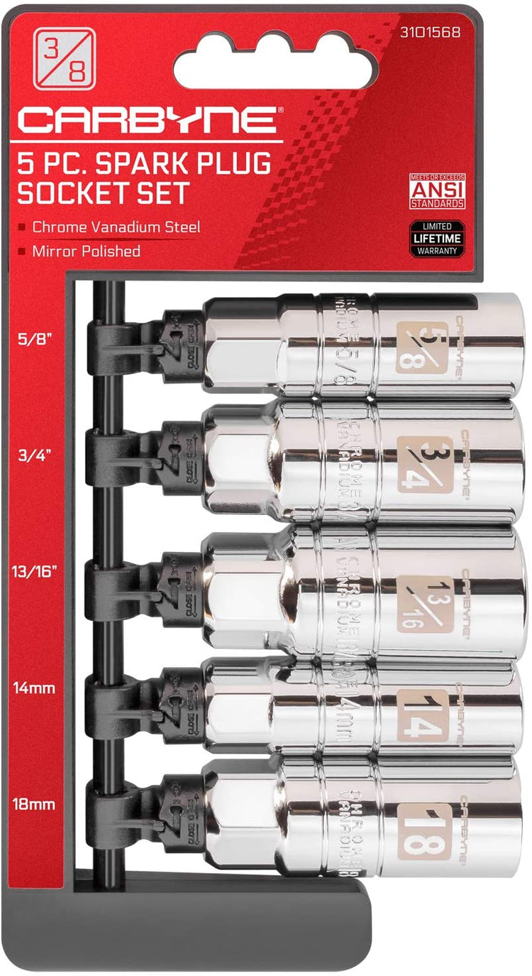 CARBYNE Spark Plug Socket Set - 5 Piece, High Visibility 3/8-Inch Drive SAE & Metric Spark Plug Socket Set - Heat Treated CR-V Steel, Mirror Polish - Carbyne Tools