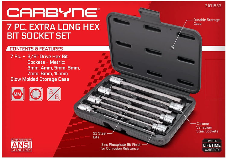 CARBYNE Extra Long Hex Bit Socket Set - 7 Piece, Metric, S2 Steel Bits | 3/8" Drive, 3mm to 10mm - Carbyne Tools