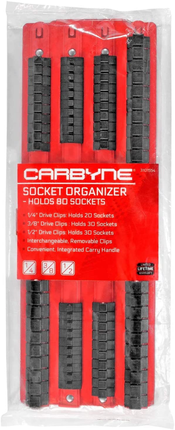 CARBYNE Socket Organizer Tray - 80 Piece, Fits 1/4-Inch, 3/8-Inch, 1/2-Inch Drive Sockets, Heavy Duty Socket Rail, Red Rails with Black Clips - Carbyne Tools