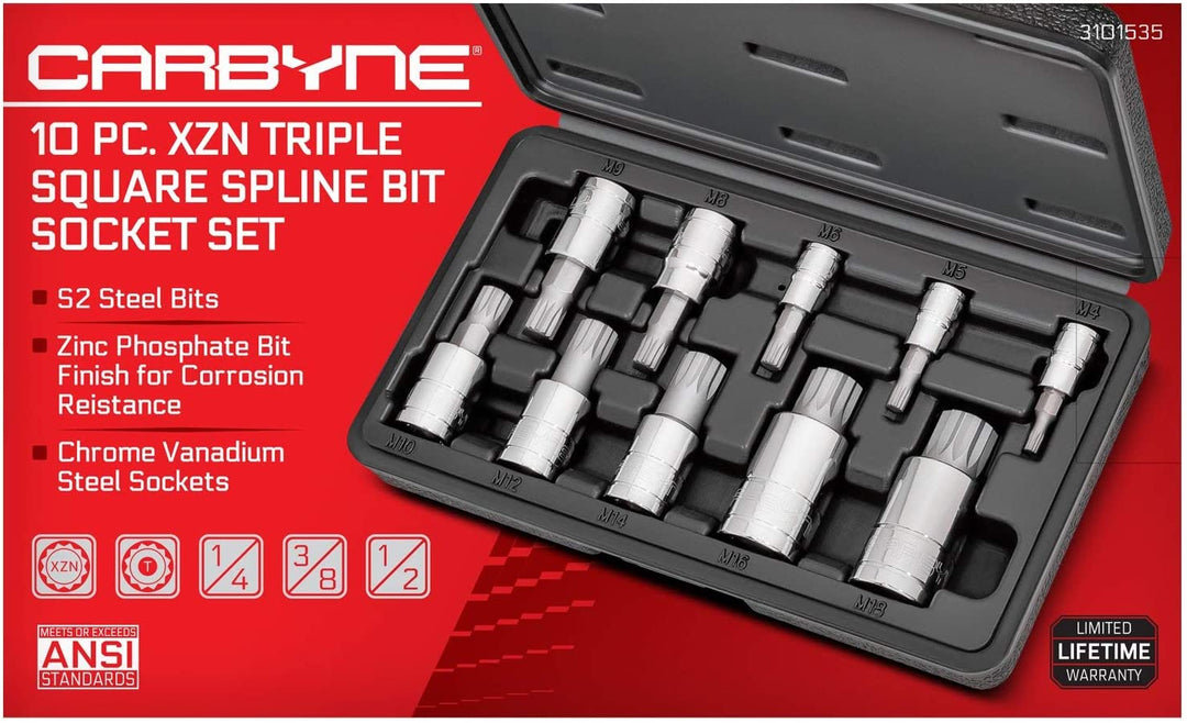 CARBYNE XZN Triple Square Spline Bit Socket Set - 10 Piece, S2 Steel Bits | Metric 4mm - 18mm - Carbyne Tools