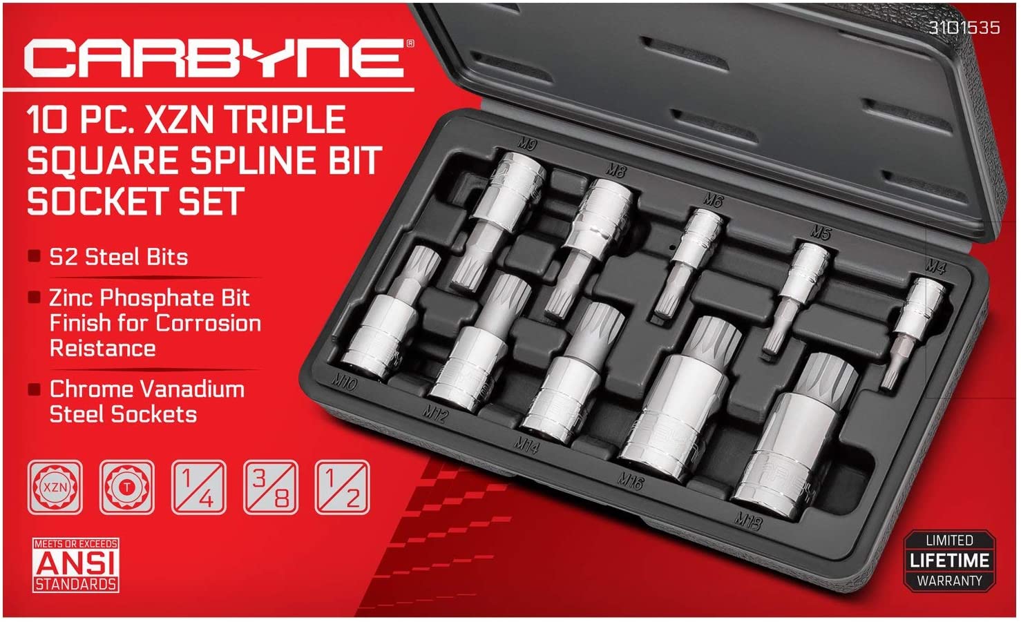 CARBYNE XZN Triple Square Spline Bit Socket Set - 10 Piece, S2 Steel Bits | Metric 4mm - 18mm - Carbyne Tools