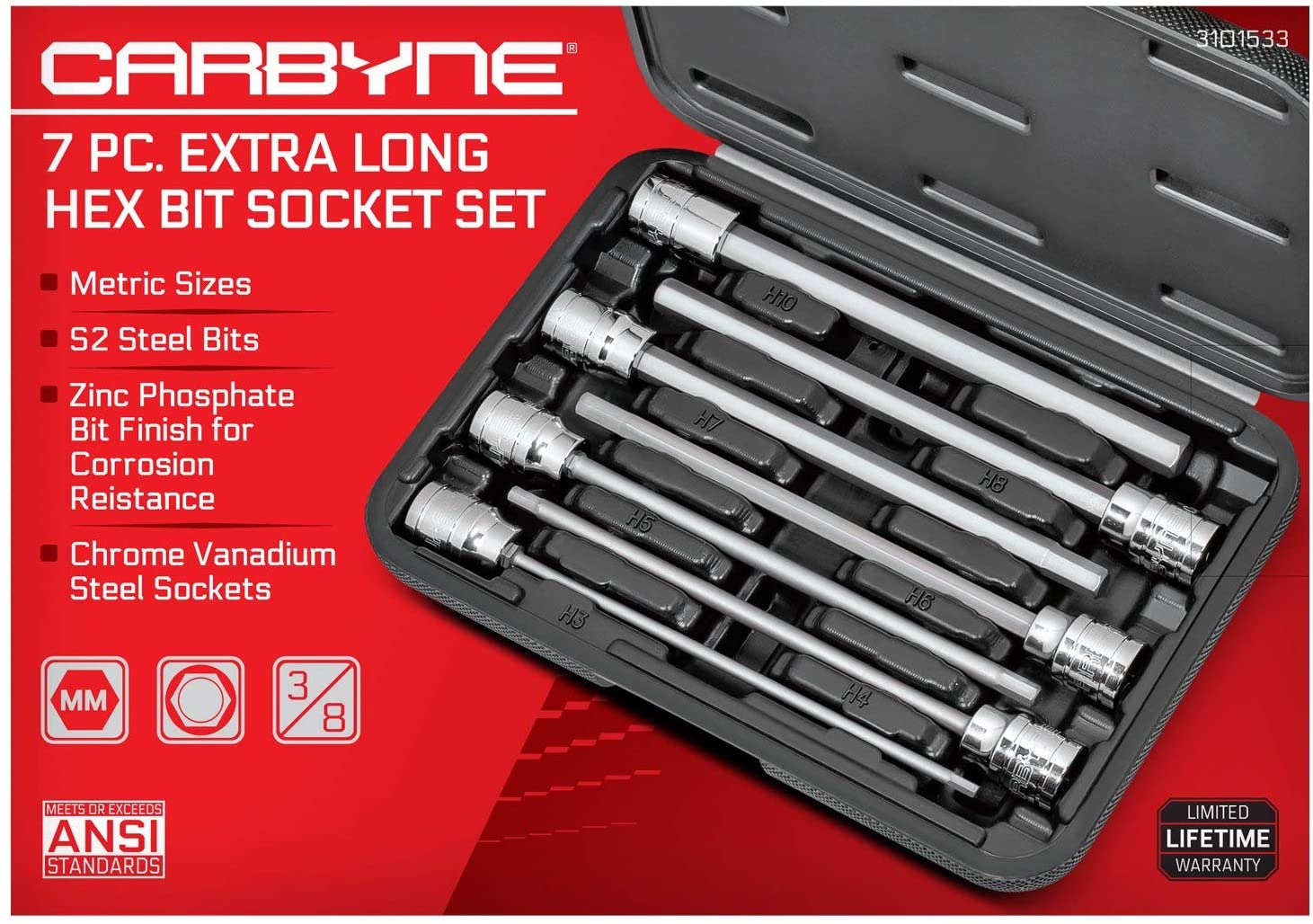 CARBYNE Extra Long Hex Bit Socket Set - 7 Piece, Metric, S2 Steel Bits | 3/8" Drive, 3mm to 10mm - Carbyne Tools