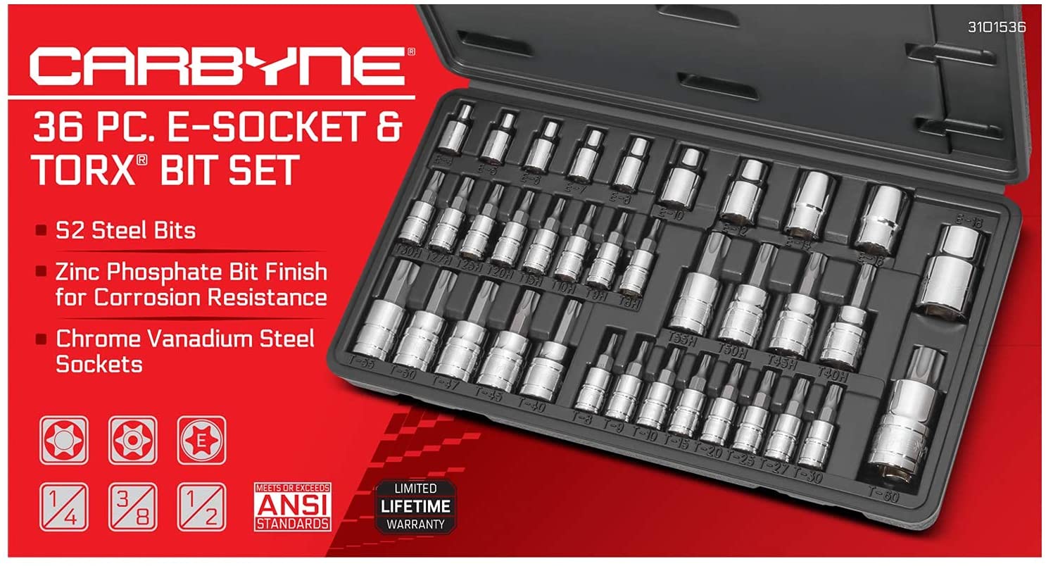 CARBYNE 36 Piece Hex, Torx Bit Socket &amp; E-Torx Socket Set, S2 Steel Bits, Zinc Phosphate Bit Finish, Chrome Vanadium Steel Sockets, 1/4", 3/8" &amp; 1/2" Drive With Durable Storage Case