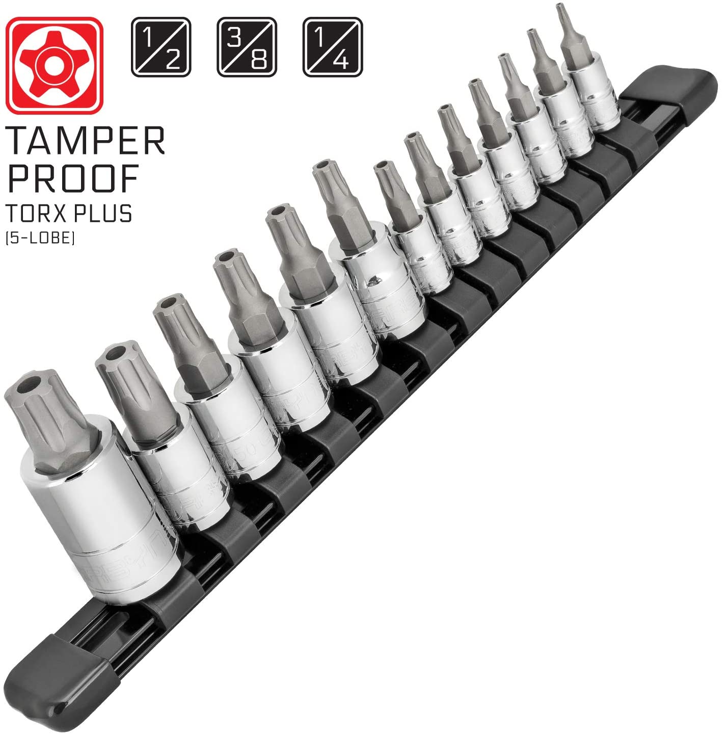 CARBYNE Tamper-Proof Torx Plus (aka 5 Lobe) Bit Socket Set - 13 Piece, S2 Steel, IPR-8 to IPR-60, S2 Steel Bits, CRV Sockets | 1/4", 3/8" & 1/2" Drive - Carbyne Tools