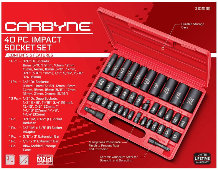 CARBYNE Impact Socket Set - 40 Piece, SAE & Metric, Standard and Deep Sockets, 3/8 inch & 1/2 inch Drive, Cr-V Steel - Carbyne Tools