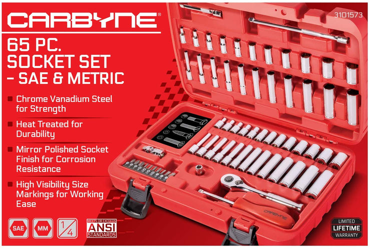 CARBYNE Socket Set - 65 Piece, 1/4" Drive | SAE & Metric, Chrome Vanadium Steel, 6 Point - Carbyne Tools