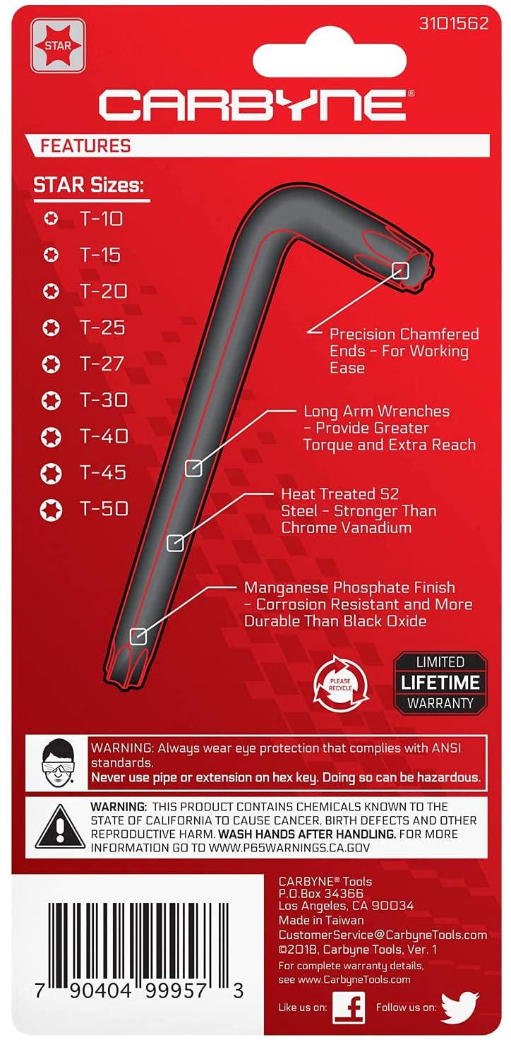 CARBYNE Long Arm Star Wrench Set - 9 Piece, T-10 to T-50 | S2 Steel - Carbyne Tools