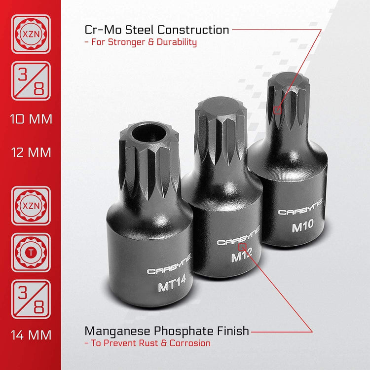 CARBYNE XZN Triple Square Bit Impact Socket Set - 9 Piece, 4mm to 18mm | Chrome Molybdenum Steel - Carbyne Tools