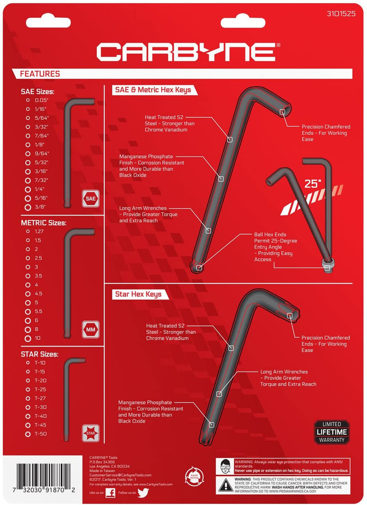 CARBYNE Long Arm Ball End Hex Key Wrench Set - 35 Piece, Inch/Metric/Star, S2 Steel - Carbyne Tools