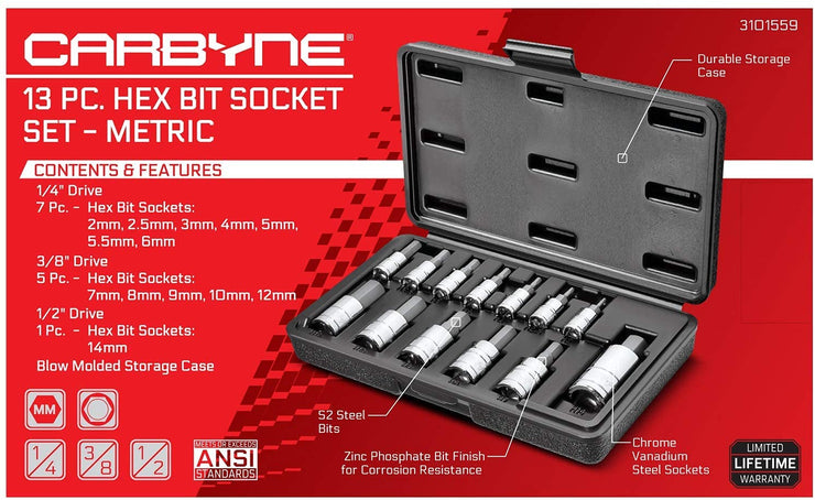 CARBYNE Hex Bit Socket Set - 13 Piece, Metric, 2mm - 14mm