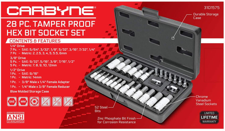 CARBYNE Tamper-Proof Hex Bit Socket Set - 28 Piece, SAE & Metric, S2 Steel | 1/4", 3/8" & 1/2" Drive - Carbyne Tools