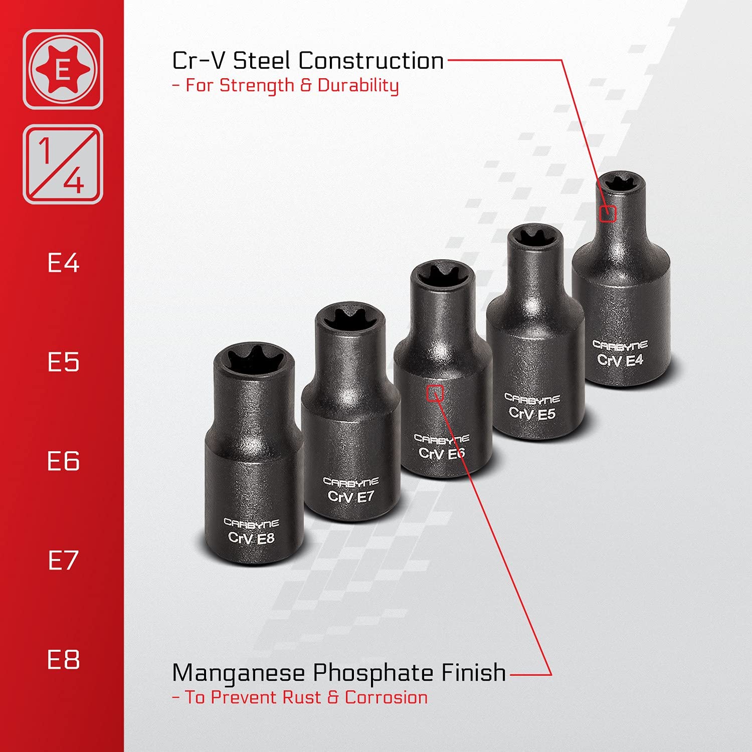 CARBYNE 13-teiliges Torx-Steckschlüssel-Set – E4 Bis E24, 1/4", 3/8", 1/2" Antrieb, Chrom-Vanadium