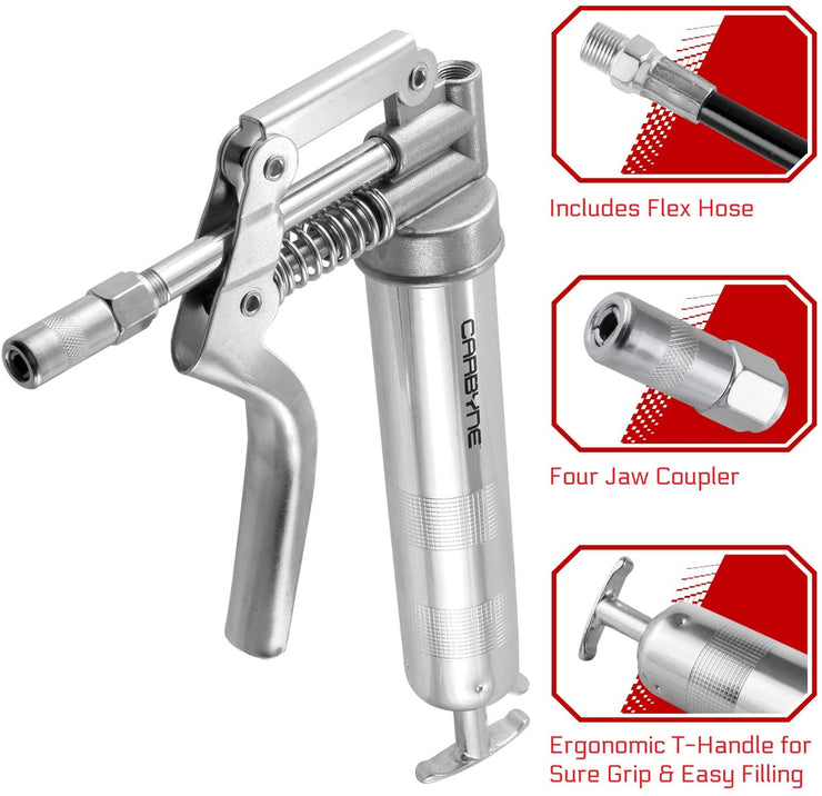 CARBYNE Mini Grease Gun - Pistol Grip, 3000 PSI, Heavy Duty Professional Quality. 12" Flex Hose and 4" Rigid Extension - Carbyne Tools