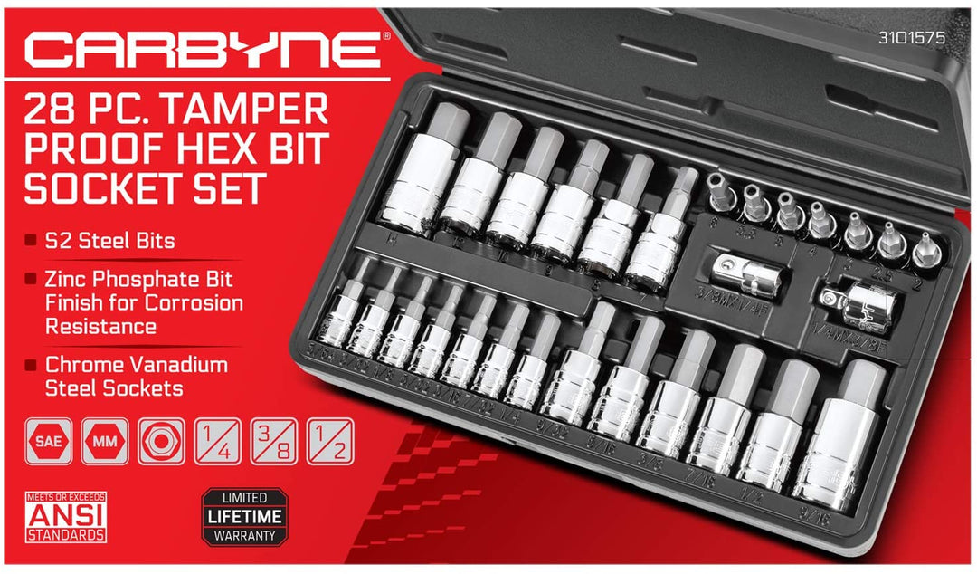 CARBYNE Tamper-Proof Hex Bit Socket Set - 28 Piece, SAE & Metric, S2 Steel | 1/4", 3/8" & 1/2" Drive - Carbyne Tools