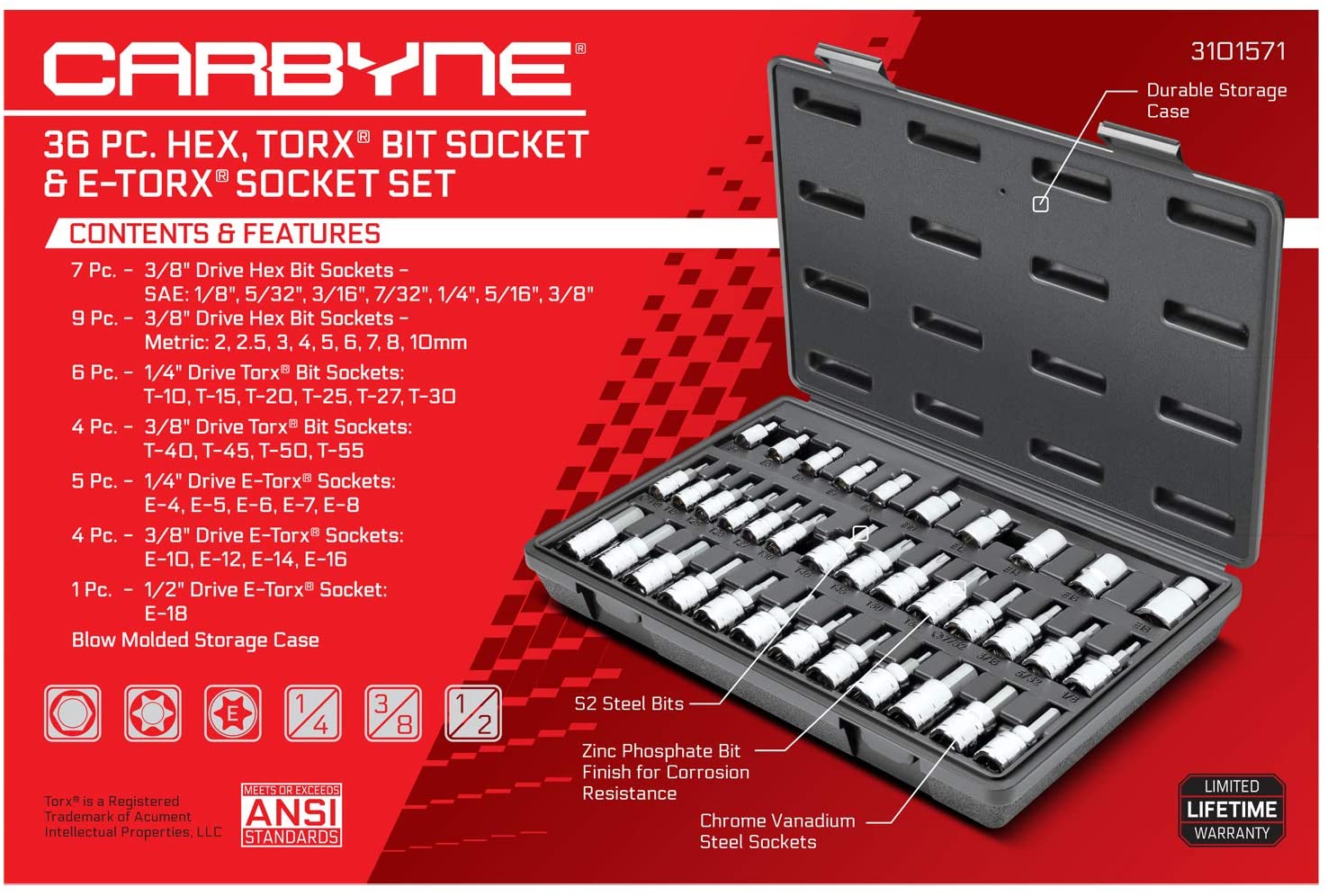 CARBYNE Torx-Bit-Set – 36-teilig, S2-Stahl, 1/4", 3/8", 1/2" Antrieb