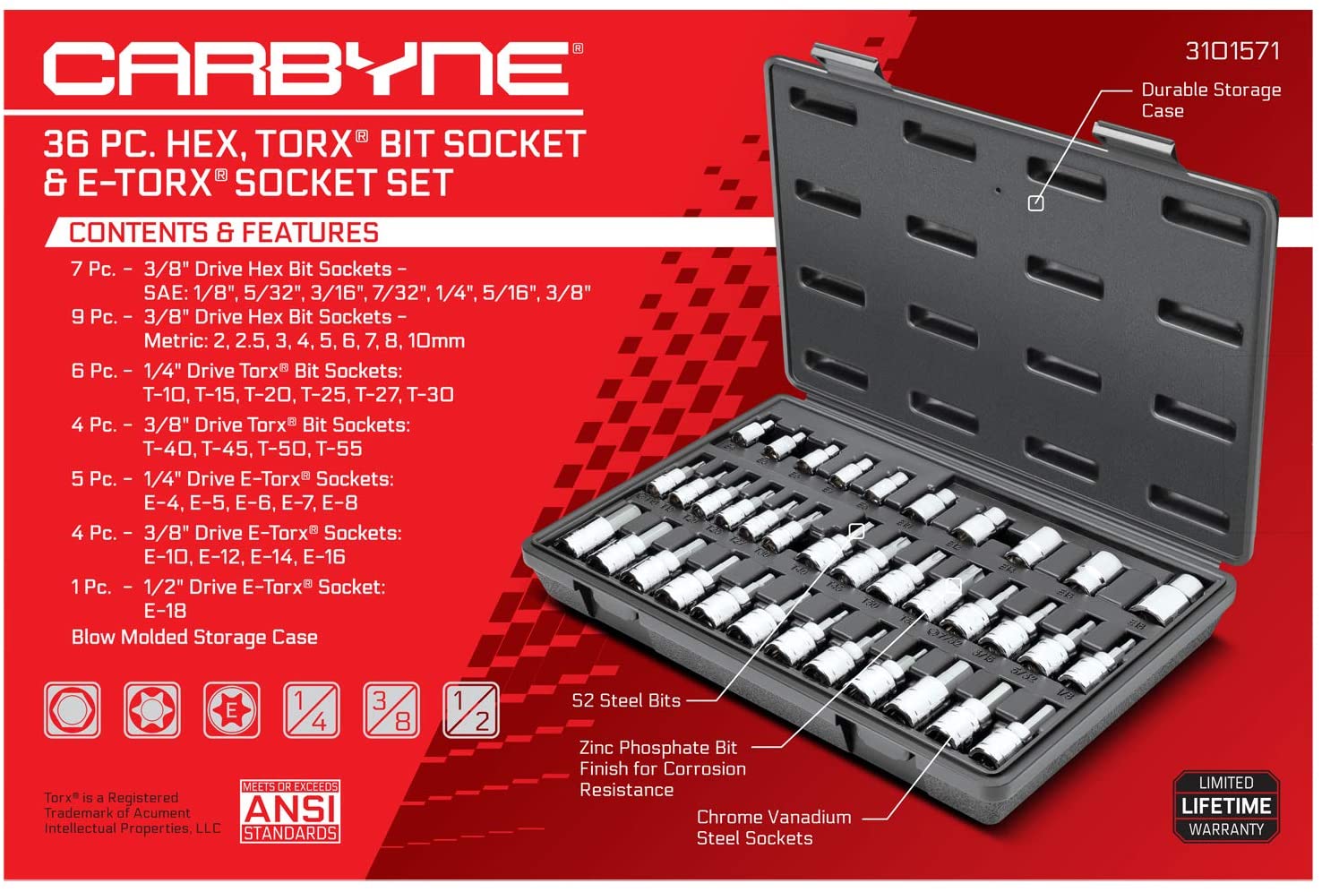 CARBYNE Hex, Torx Bit Socket & E-Torx Socket Set - 36 Piece, S2 Steel | 1/4", 3/8" & 1/2" Drive - Carbyne Tools