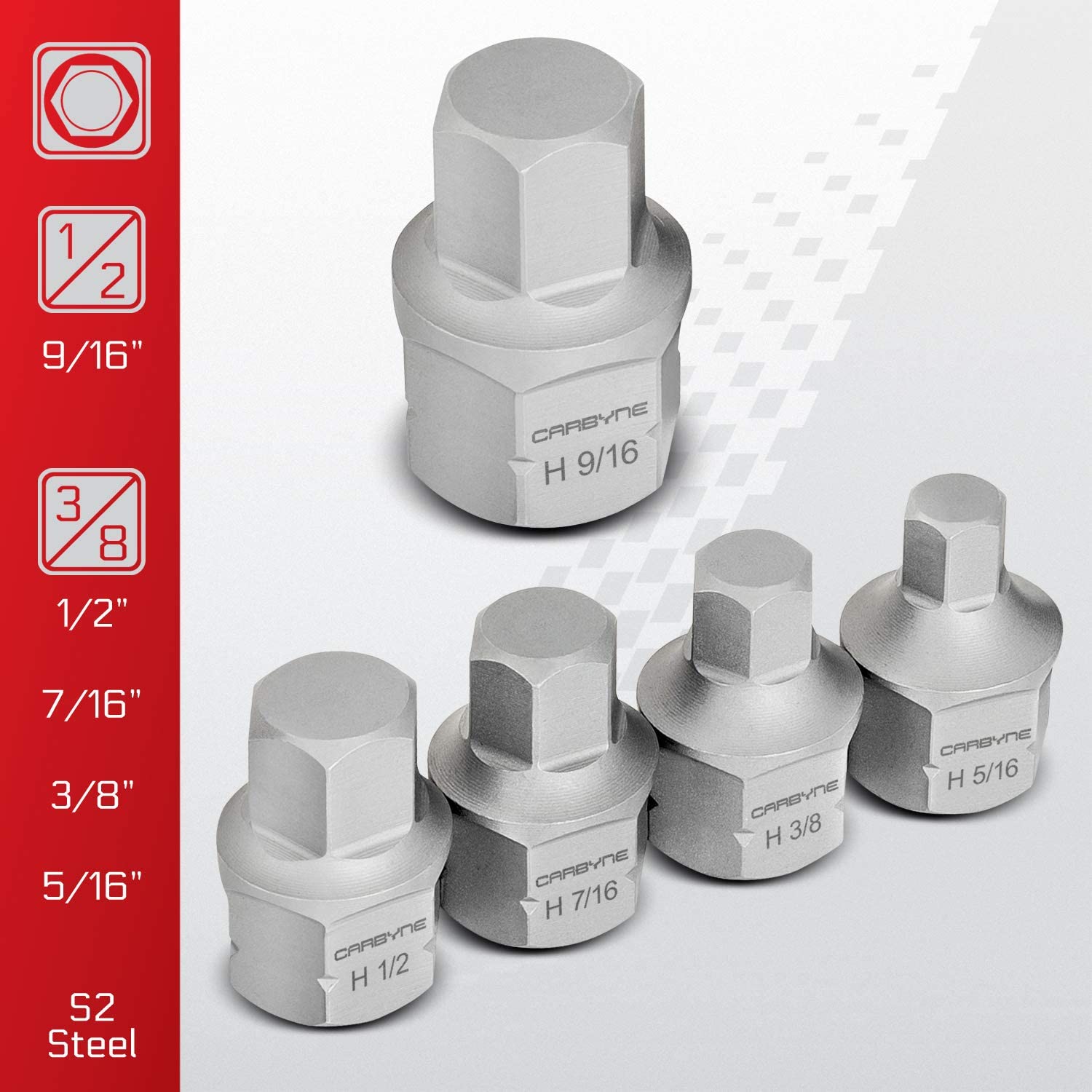 CARBYNE 9 Piece Low Profile Hex Bit Socket Set - SAE Stubby Allen