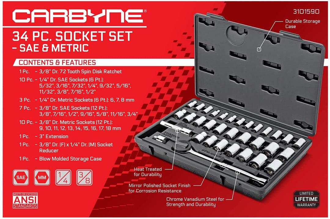 CARBYNE 34 Piece Socket Set | SAE & Metric, Chrome Vanadium Steel, 6 & 12 Point - Carbyne Tools