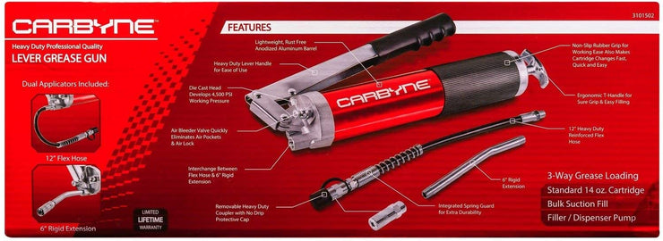 CARBYNE Grease Gun - Lever Handle, 4500 PSI, Anodized Aluminum Barrel, Heavy Duty Professional Quality. 12" Flex Hose and 6" Rigid Ext, 3-Way Loading - Carbyne Tools