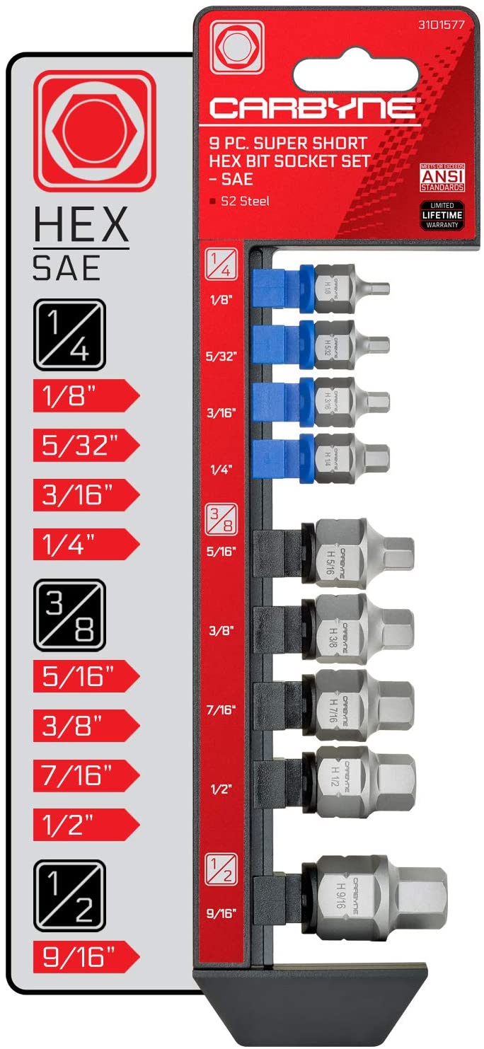 CARBYNE Super Short Hex Bit Socket Set - 9 Piece, SAE, 1/8" to 9/16" | S-2 Steel - Carbyne Tools