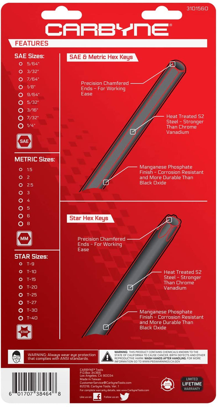 CARBYNE Hex Key & Star Wrench Set - 25 Piece, Folding, Inch/Metric/Star, S2 Steel - Carbyne Tools