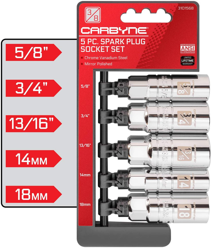 CARBYNE Spark Plug Socket Set - 5 Piece, High Visibility 3/8-Inch Drive SAE & Metric Spark Plug Socket Set - Heat Treated CR-V Steel, Mirror Polish - Carbyne Tools