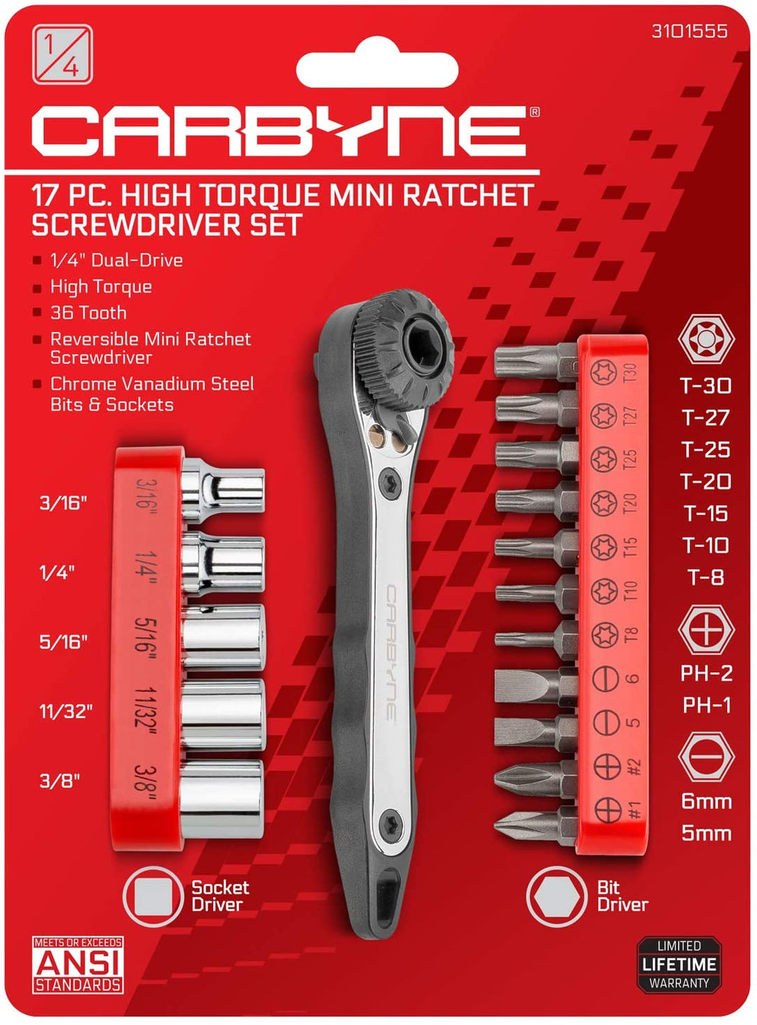 CARBYNE Mini Ratchet Wrench Screwdriver, Bit Set & Sockets - 17 Piece, Right Angle 1/4 inch Dual-Drive | CR-V Steel - Carbyne Tools